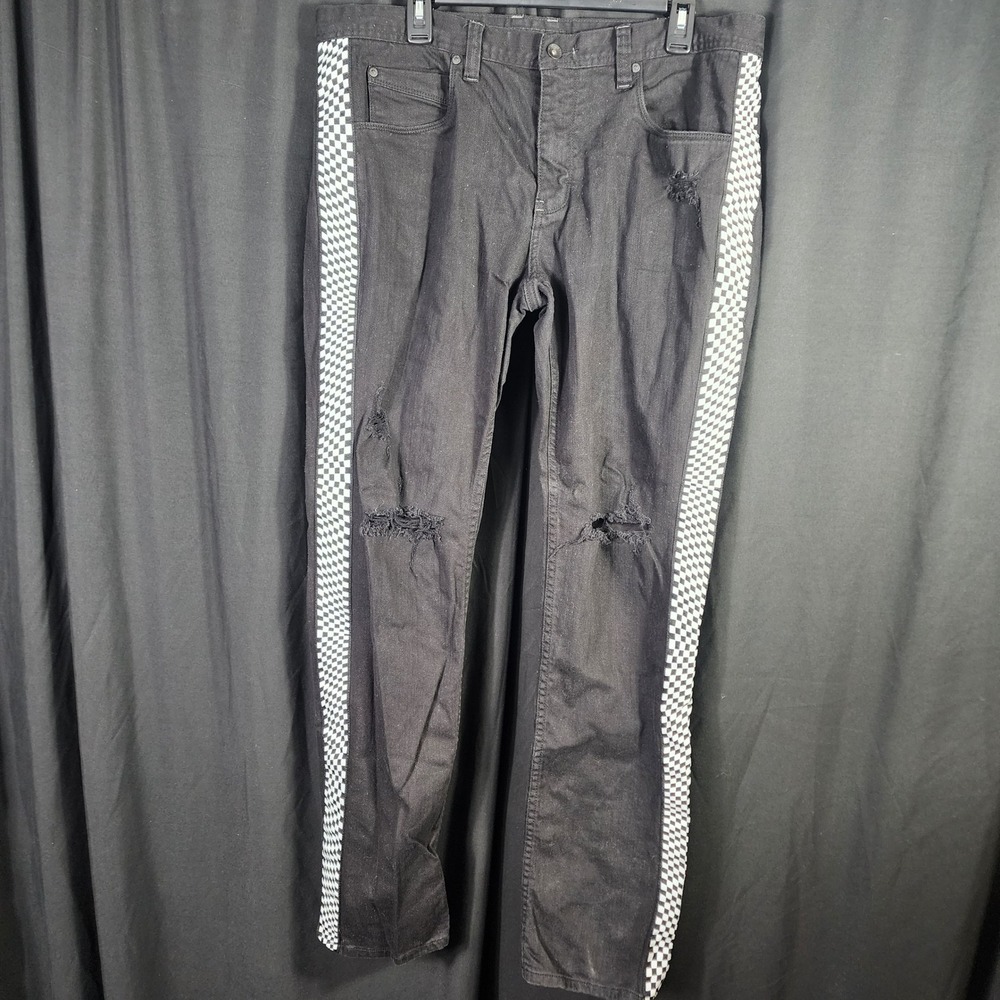 Mens Black Distressed Checkered Stripe Slim Jeans Size 38 x 31.5 emo skater goth